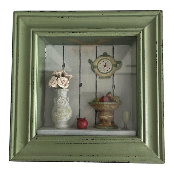 Dennis East International Kitchen Shadow Box – Sage Green Frame with Teapot Cloc - Picture 1 of 4